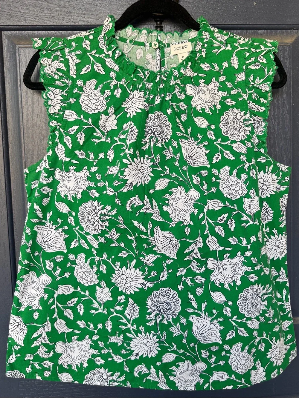 J. Crew Women's Green and White Floral Ruffle Sleeve Dress